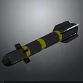 Detailed Missile Weapon with Black Body Yellow Stripes and Rear Fins in 3D Render