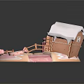 Festive Gingerbread House Scene With Cupcake Pink Sugar Surface Ladder Fence And Lollipop