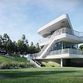 Modern Detached Villa With White Exterior Balcony Staircase Green Lawn And Trees