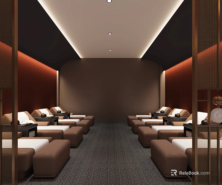 Modern SPA Sauna Interior With Comfortable Loungers And Warm Tones 3d model 