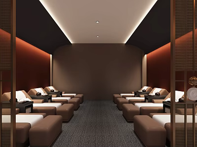 Modern SPA Sauna Interior With Comfortable Loungers And Warm Tones 3d model