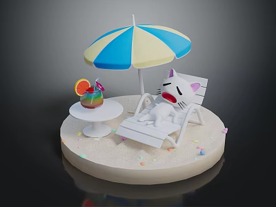 Cartoon White Cat Character Relaxing On Beach Chair With Blue Yellow Umbrella And Drink 3d model