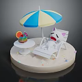 Cartoon White Cat Character Relaxing On Beach Chair With Blue Yellow Umbrella And Drink