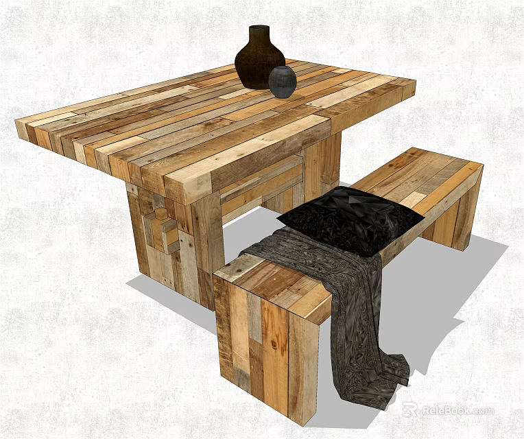 Rustic Wooden Table and Bench Set with Brown Gray Vases and Dark Blanket on Bench 3d model 