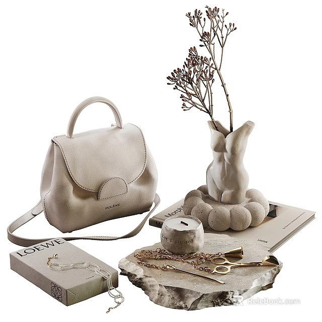 Elegant Decorative Ornament Set with Ivory Handbag Rabbit Vase Dried Flowers Candle and Necklace 3d model 