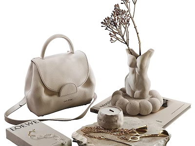Elegant Decorative Ornament Set with Ivory Handbag Rabbit Vase Dried Flowers Candle and Necklace 3d model