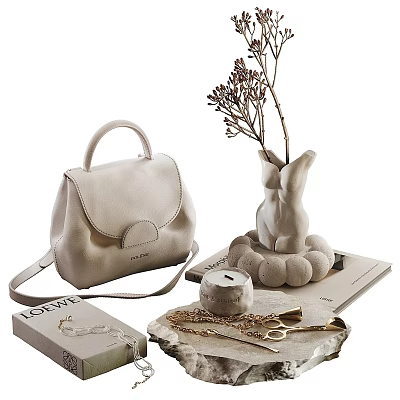 Elegant Decorative Ornament Set with Ivory Handbag Rabbit Vase Dried Flowers Candle and Necklace 3d model