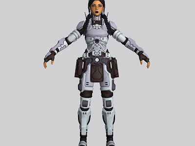 Female Game Movie Character in Mechanical Armored Suit With Braided Hair and Utility Pouch 3d model