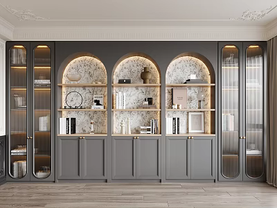 Modern Gray Bookcase With Arched Design Glass Doors And Decor Items On Illuminated Shelves 3d model