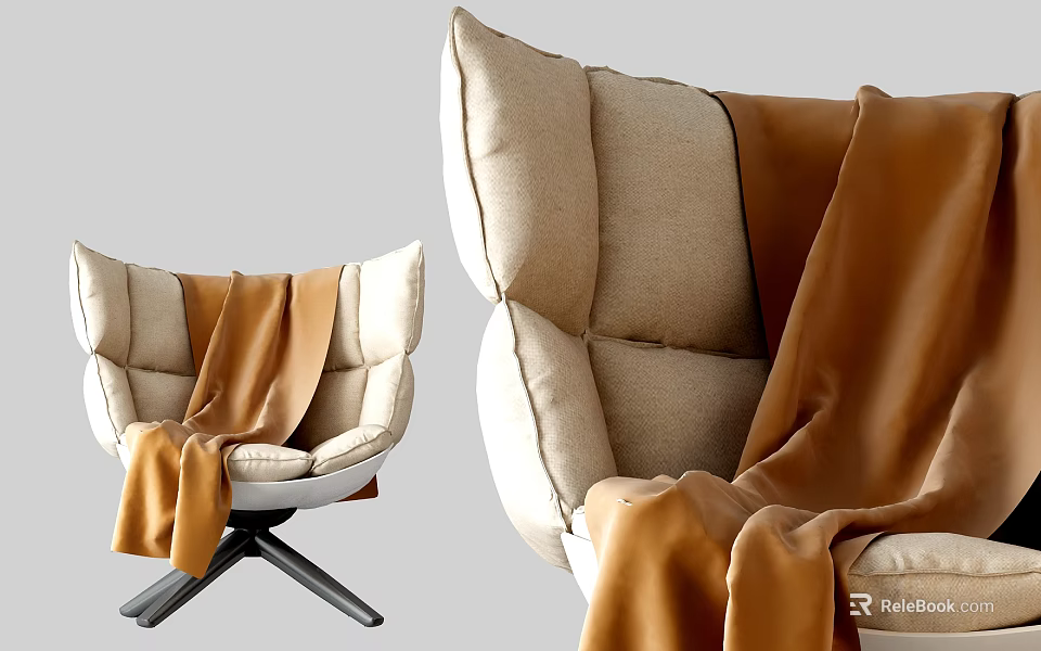 Modern Curved Back Accent Chair With Beige Fabric And Brown Throw Blanket 3d model 