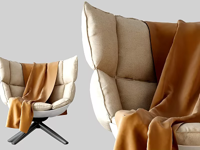 Modern Curved Back Accent Chair With Beige Fabric And Brown Throw Blanket 3d model