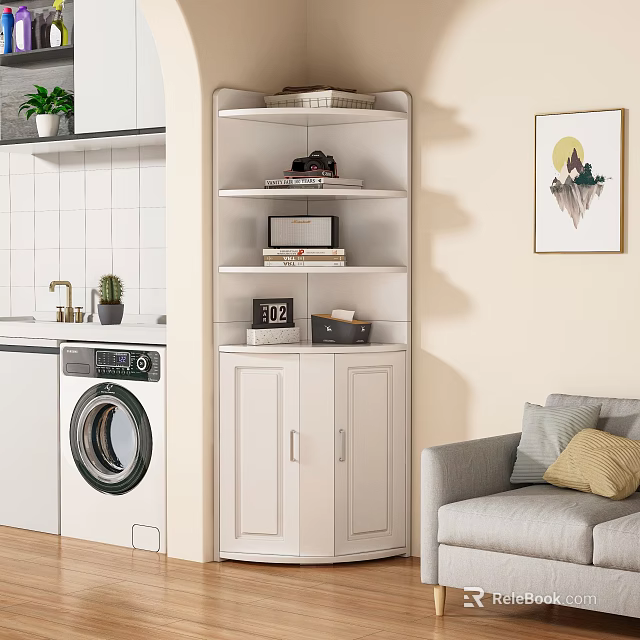 Modern Minimalist Corner Storage Cabinet With Multiple Shelves And Cabinet Doors 3d model 