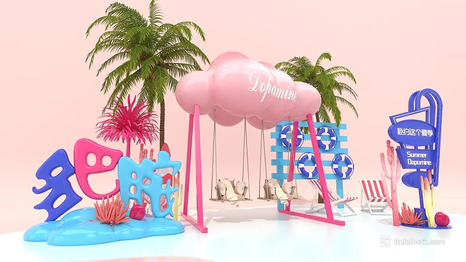 Vibrant Playground With Pink Cloud Swing Palm Trees Beach Chairs And Coral Decor 3d model 
