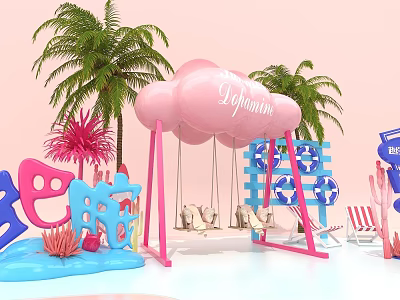 Vibrant Playground With Pink Cloud Swing Palm Trees Beach Chairs And Coral Decor 3d model