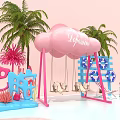 Vibrant Playground With Pink Cloud Swing Palm Trees Beach Chairs And Coral Decor