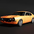 Orange Classic Two Door Coupe With Vintage Design And Black Windows And Silver Wheels