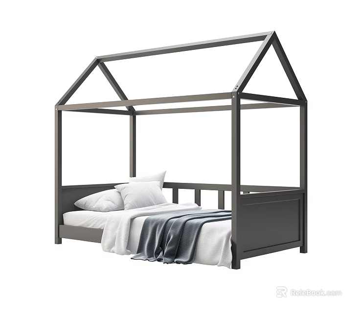 Kids Bed With House Shaped Frame Dark Gray Design And White Pillows Gray Blanket 3d model 