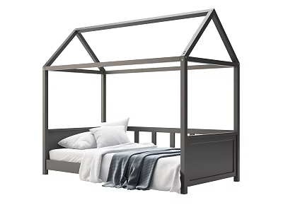 Kids Bed With House Shaped Frame Dark Gray Design And White Pillows Gray Blanket 3d model