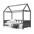 Kids Bed With House Shaped Frame Dark Gray Design And White Pillows Gray Blanket