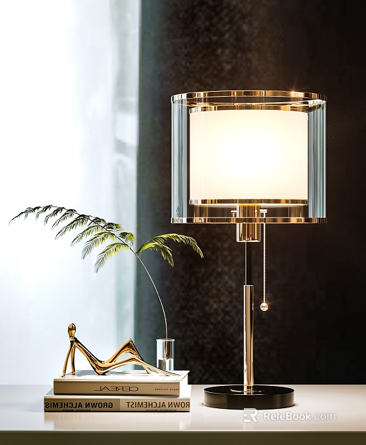 Modern Elegant Table Lamp With Gold Metal Frame White Linen Shade Crystal Accents And Green Plant 3d model 
