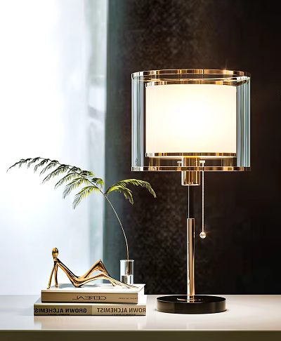 Modern Elegant Table Lamp With Gold Metal Frame White Linen Shade Crystal Accents And Green Plant 3d model