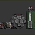 Futuristic Tactical Weapon Equipment Featuring Green Cylindrical Hexagonal Spherical And Wheeled Base With Orange Lights
