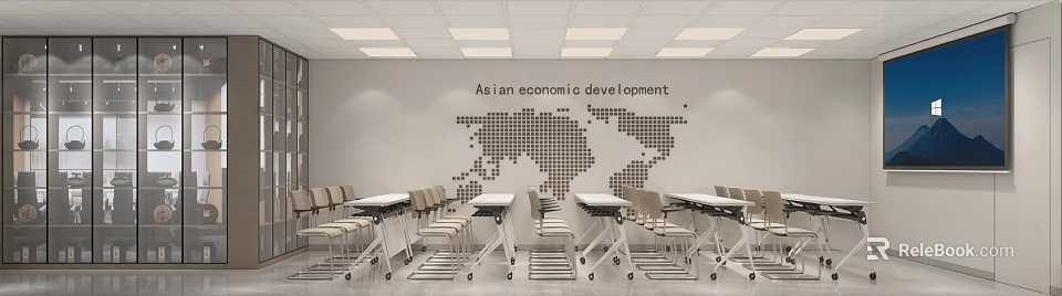 Meeting Room Interior With Asian Economic Development Wall Square World Map Tables Chairs With Wheels 3d model 