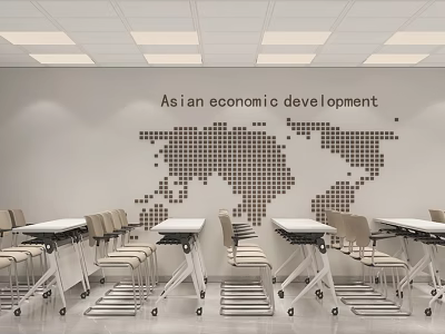 Meeting Room Interior With Asian Economic Development Wall Square World Map Tables Chairs With Wheels 3d model