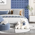 Modern Kids Room Interior With Blue Wall White Balloon Chandelier And Decorative Paintings