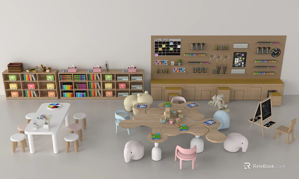 Wooden Kids Table for Children's Learning Space with Small Stools Bookshelves and Stuffed Toys 3d model 