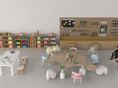 Wooden Kids Table for Children's Learning Space with Small Stools Bookshelves and Stuffed Toys 3d model
