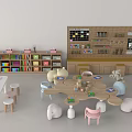Wooden Kids Table for Children's Learning Space with Small Stools Bookshelves and Stuffed Toys