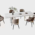 White Marble Rectangular Dining Table Set With Light Brown Chairs Black Slim Legs Green Plant 3d model