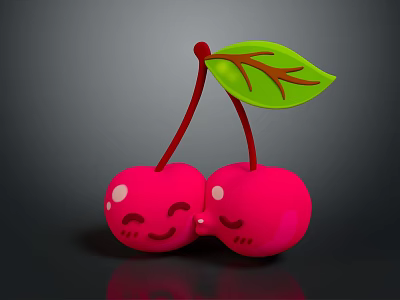 Cute Pink Cherries with Smiling Faces Red Stems and Green Leaf on Dark Background 3d model