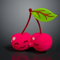 Cute Pink Cherries with Smiling Faces Red Stems and Green Leaf on Dark Background 3d model