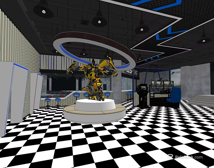 Hotel Public Lounge Area With Robot Figure On Circular Platform And Checkered Floor 3d model 