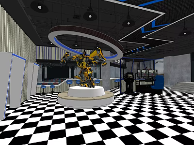 Hotel Public Lounge Area With Robot Figure On Circular Platform And Checkered Floor 3d model