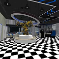 Hotel Public Lounge Area With Robot Figure On Circular Platform And Checkered Floor