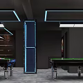 Modern Billiard Room With Multiple Pool Tables Black Walls Blue Ceiling Strips And Decorative Art 3d model