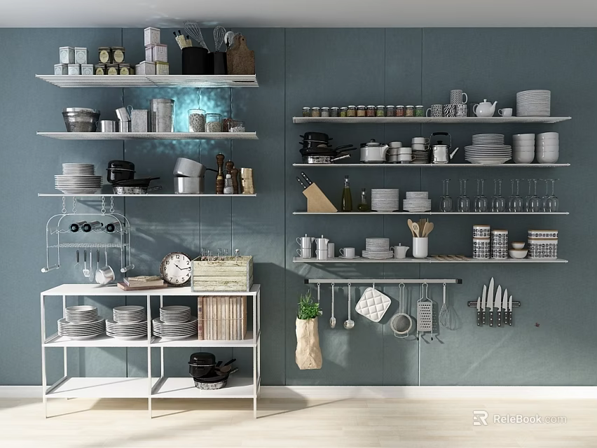 Modern Kitchen With Open Shelves Organizing Plates Cups And Various Kitchenware 3d model 