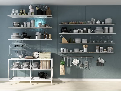 Modern Kitchen With Open Shelves Organizing Plates Cups And Various Kitchenware 3d model