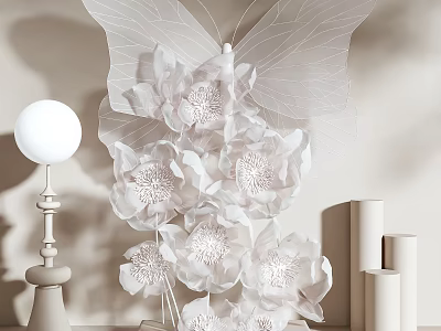 White Butterfly Wing Art Installation With White Flowers And Spherical Table Lamp And Cylindrical Decorations 3d model