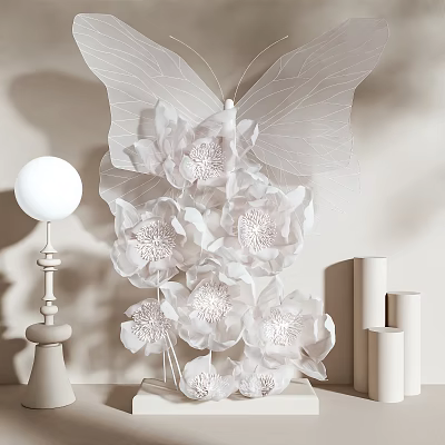 White Butterfly Wing Art Installation With White Flowers And Spherical Table Lamp And Cylindrical Decorations 3d model