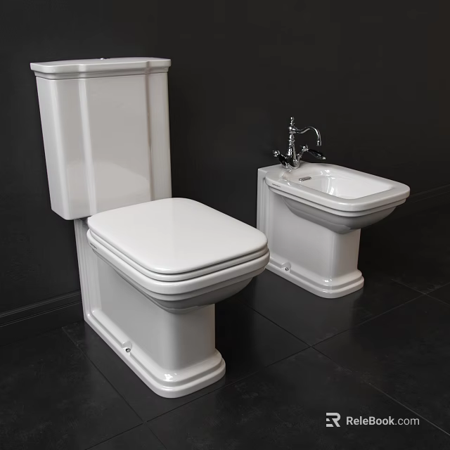 White Toilet And Bidet In Modern Bathroom Interior With Black Wall Floor 3d model 