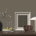 Stylish Decorative Ornament Set With Vase Framed Art Fruit Tray And Lamp On Wooden Table