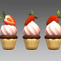 Delicious Cupcakes with Pink Frosting Fresh Strawberry Slices and Green Leaves on Brown Base