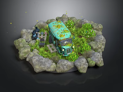 Vintage Green Truck Miniature Scene With Surrounding Rocks And Lush Plants 3d model