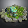 Vintage Green Truck Miniature Scene With Surrounding Rocks And Lush Plants