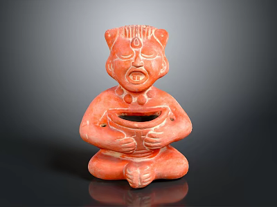 Red Terracotta Seated Figure Sculpture With Carved Facial Details Holding Bowl In Hands 3d model