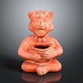 Red Terracotta Seated Figure Sculpture With Carved Facial Details Holding Bowl In Hands